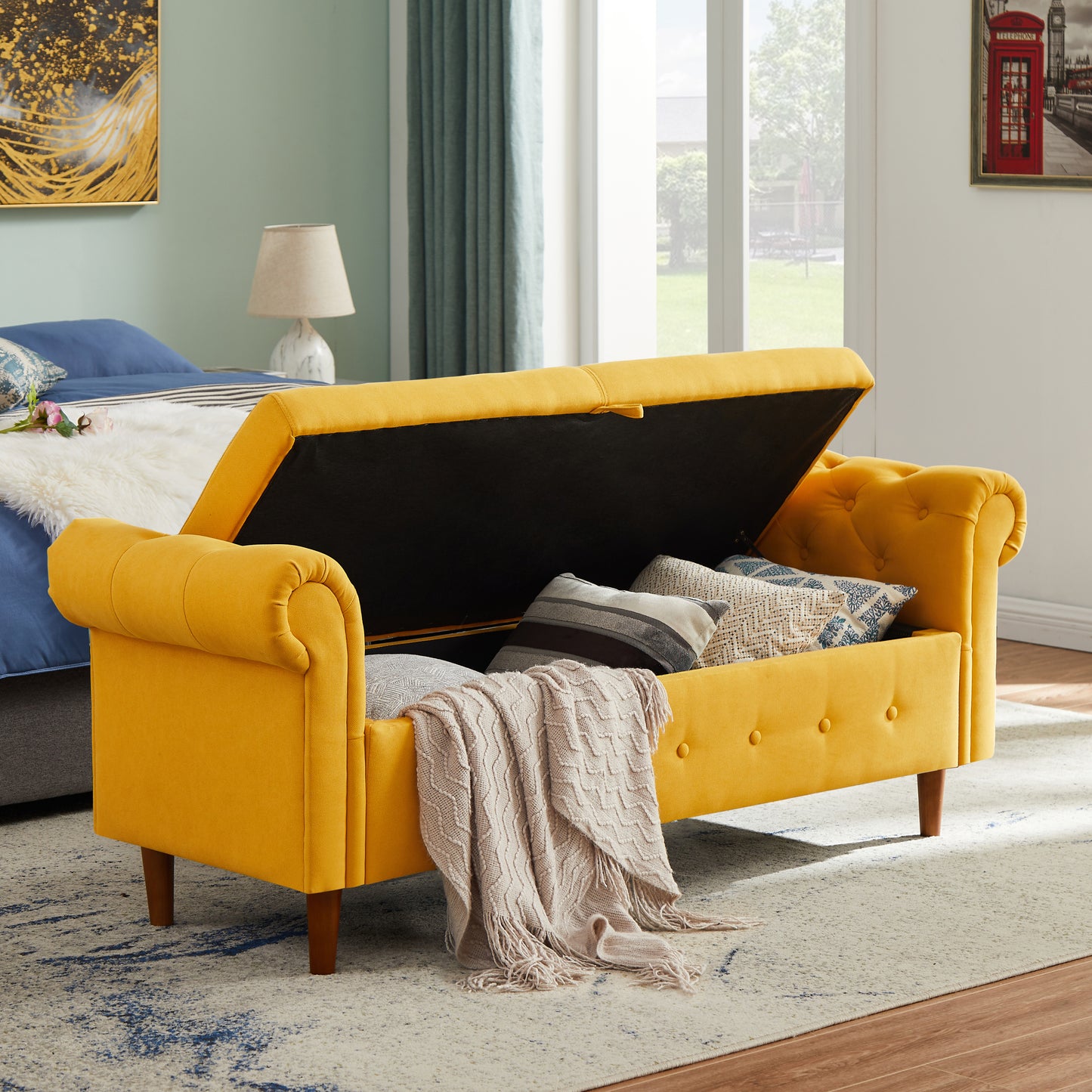 Yellow Multifunctional Storage Rectangular Sofa Stool: Versatile Furniture with Ample Storage Space, Vibrant Color, and Sleek Design