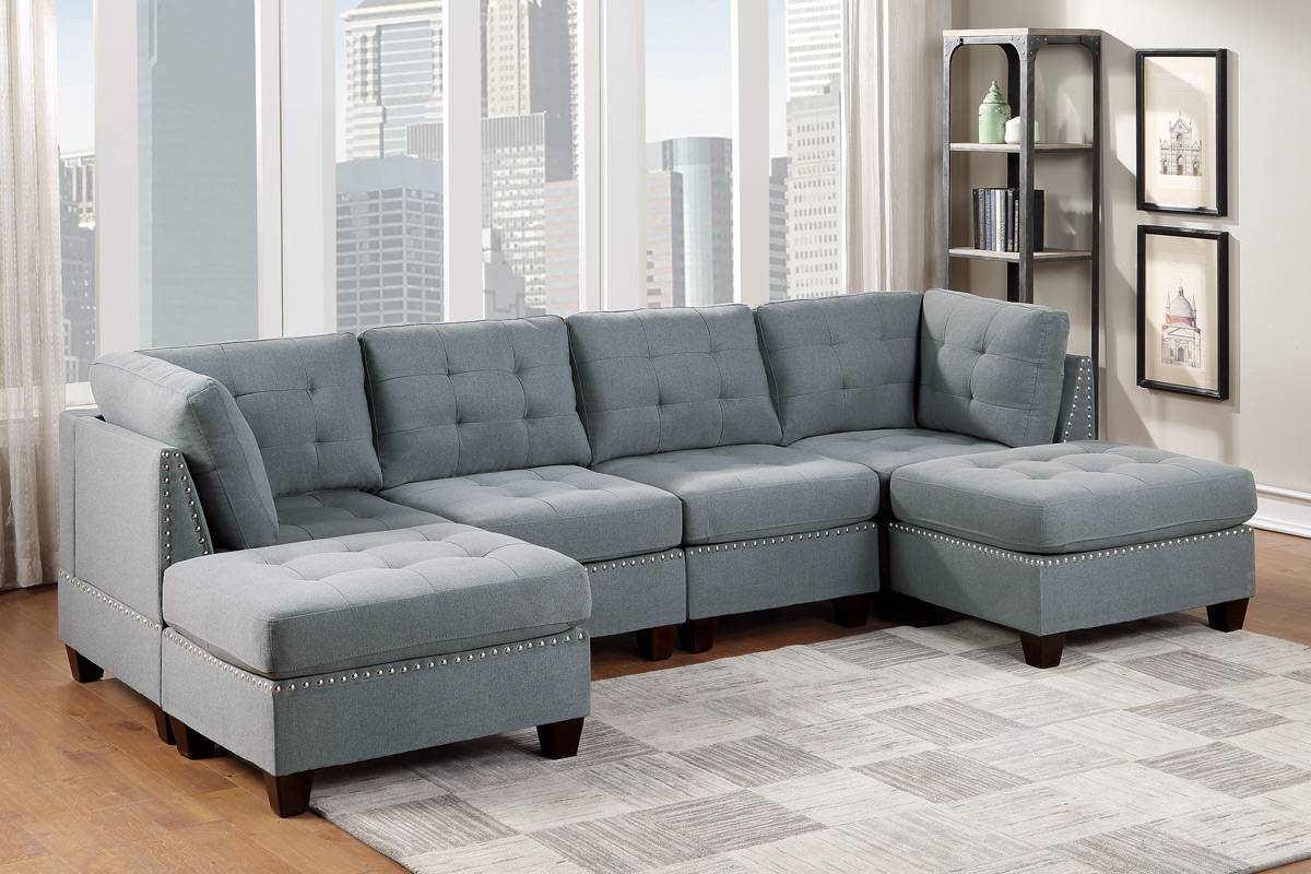 Modular Sectional 6pc Set Living Room Furniture - U-Sectional Tufted Nail Heads Couch in Gray Linen-Like Fabric with 2x Corner Wedge, 2x Armless Chairs, and 2x Ottomans