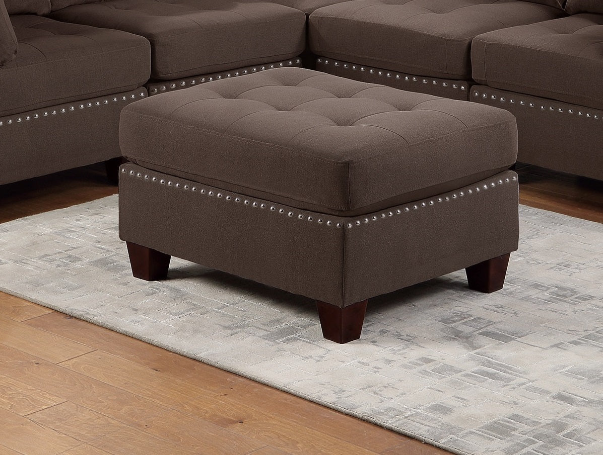 Modular 6pc Living Room Furniture Set: L-Sectional Sofa in Black Coffee Linen-Like Fabric, Tufted Nailheads, 2x Corner Wedge, 2x Armless Chairs, and 2x Ottomans