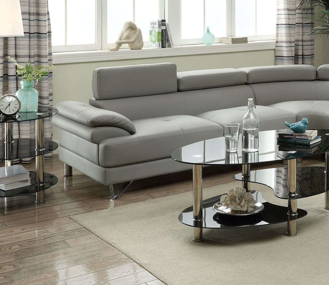 Living Room Furniture: Sectional Sofa 2pc Set, Grey Faux Leather, Flip-up Headrest