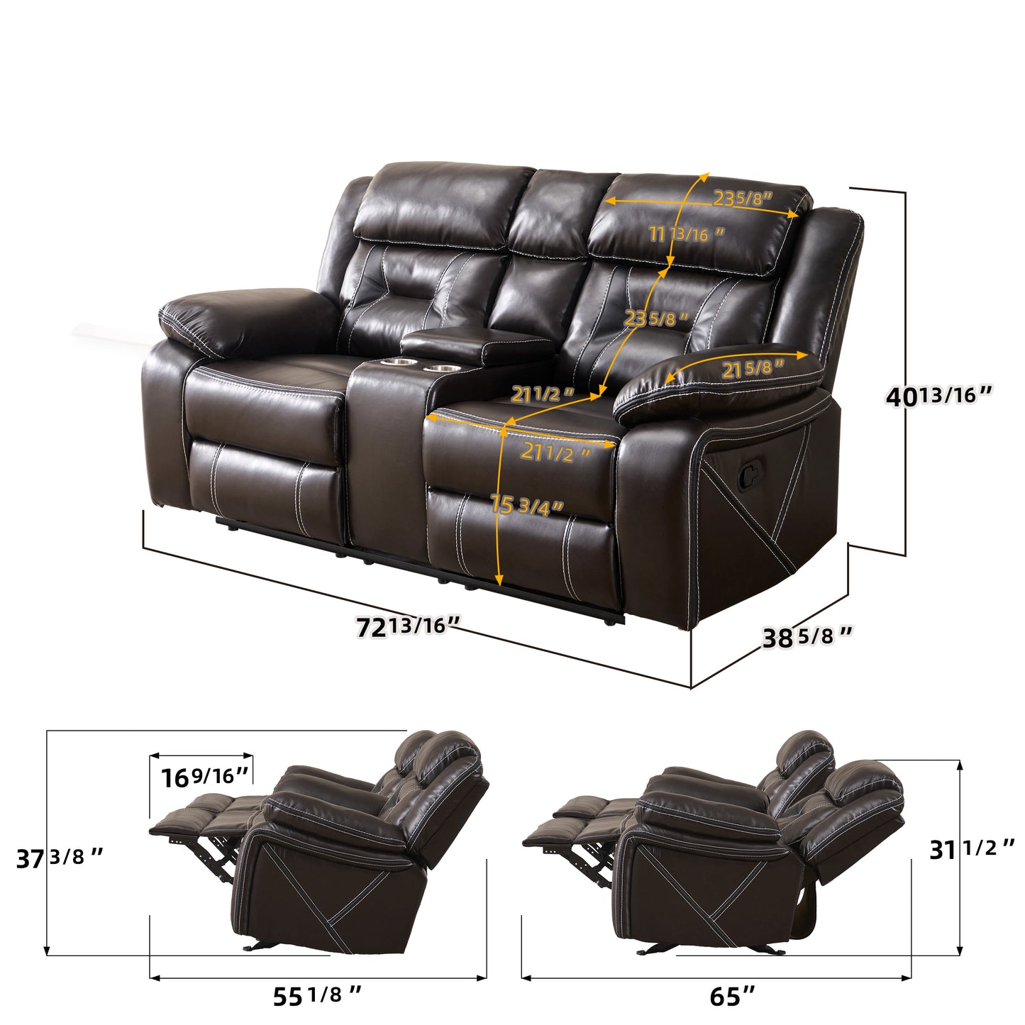 Reclining Upholstered Manual Puller in Faux Leather - Brown | 72.83x38.58x40.16 | Comfortable & Stylish