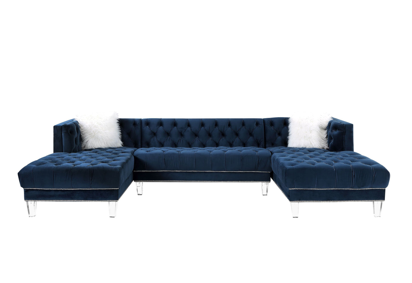 ACME Ezamia Sectional Sofa: Navy Blue Velvet, 2 Pillows, Modern Design