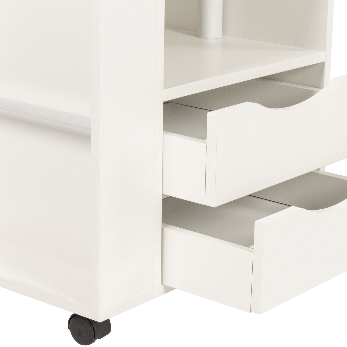 Height Adjustable Overbed End Table Wooden Nightstand with Swivel Top, Storage Drawers, Wheels and Open Shelf,(White)