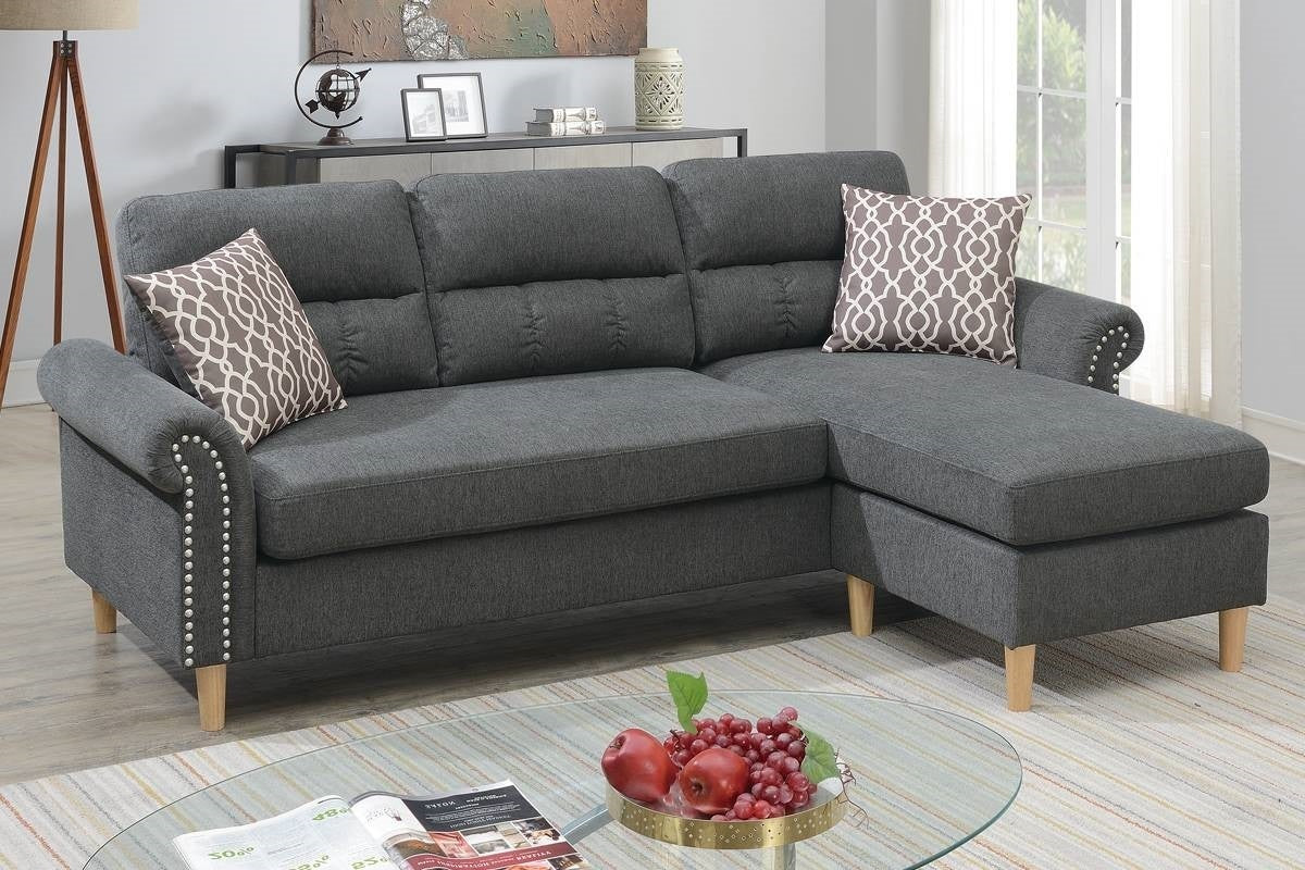 Slate Color Polyfiber Reversible Sectional Sofa Set with Chaise, Pillows, Plush Cushion, and Nailheads - Comfortable and Stylish Couch for Your Living Space