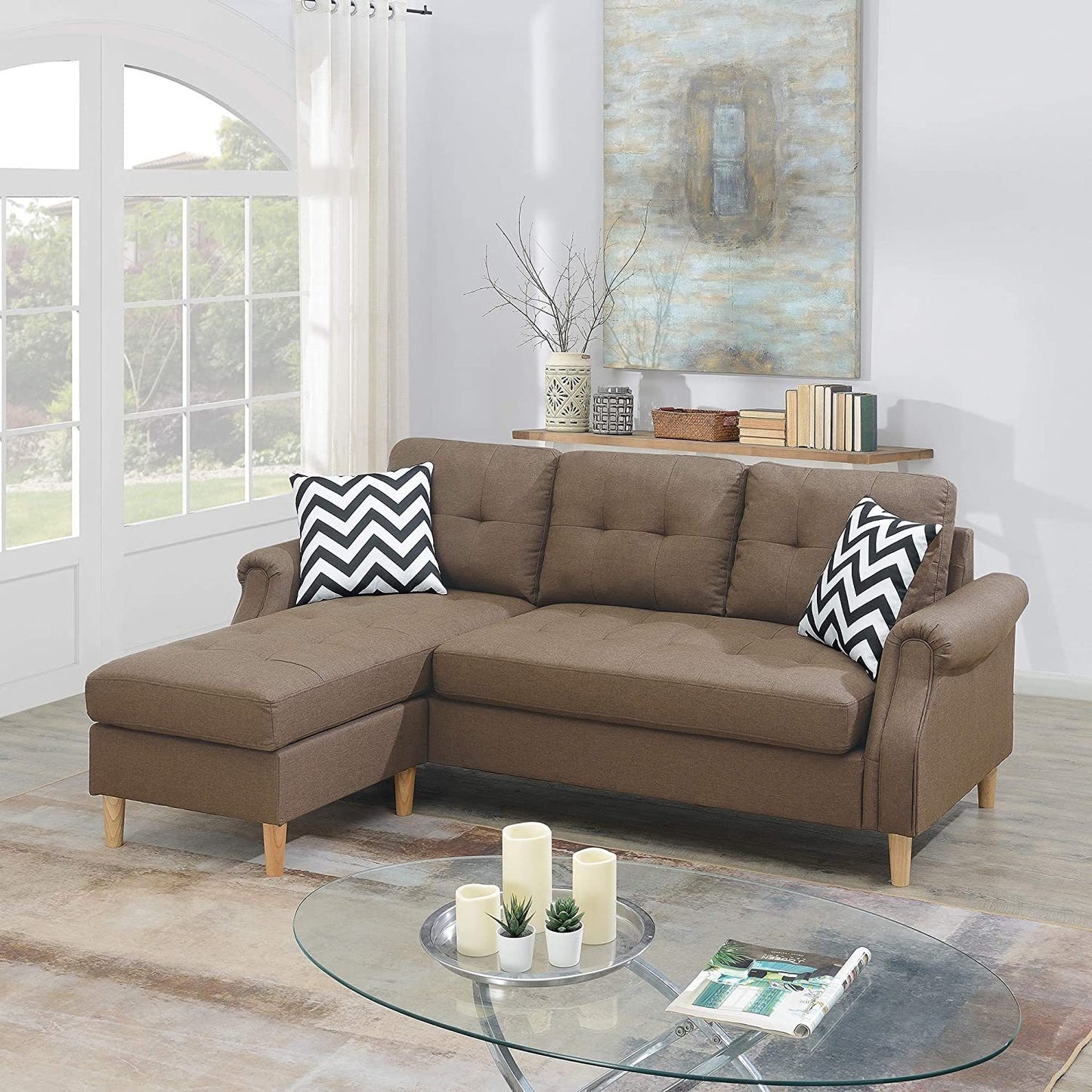 Living Room Corner Sectional Light Coffee Polyfiber Chaise Sofa - Reversible, Comfortable, & Stylish - Available in Various Sizes