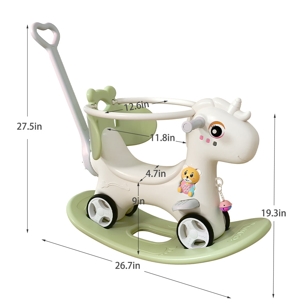 Rocking Horse for Toddlers, Balance Bike Ride On Toys with Push Handle, Backrest, and Balance Board - Unicorn Kids Green Color.