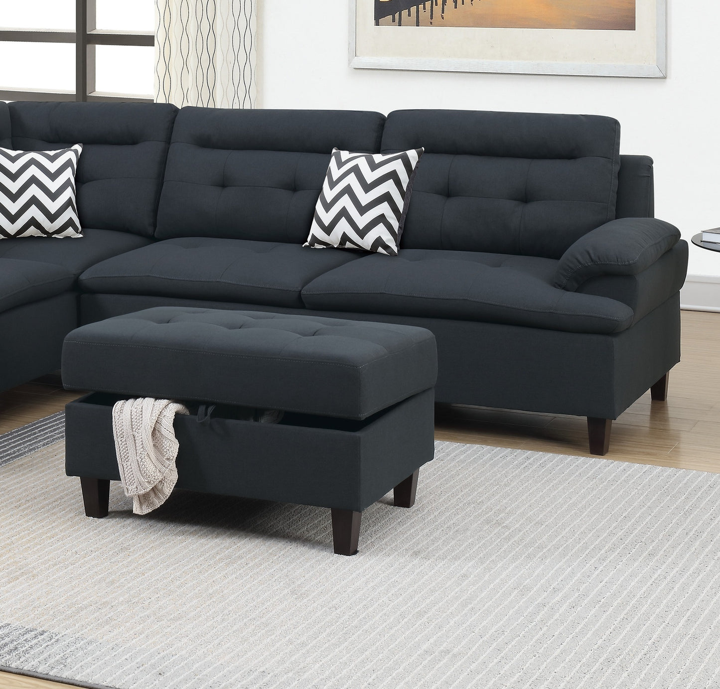 Living Room Furniture: Black Cushion Sectional with Ottoman in Linen-Like Fabric - Sofa Chaise