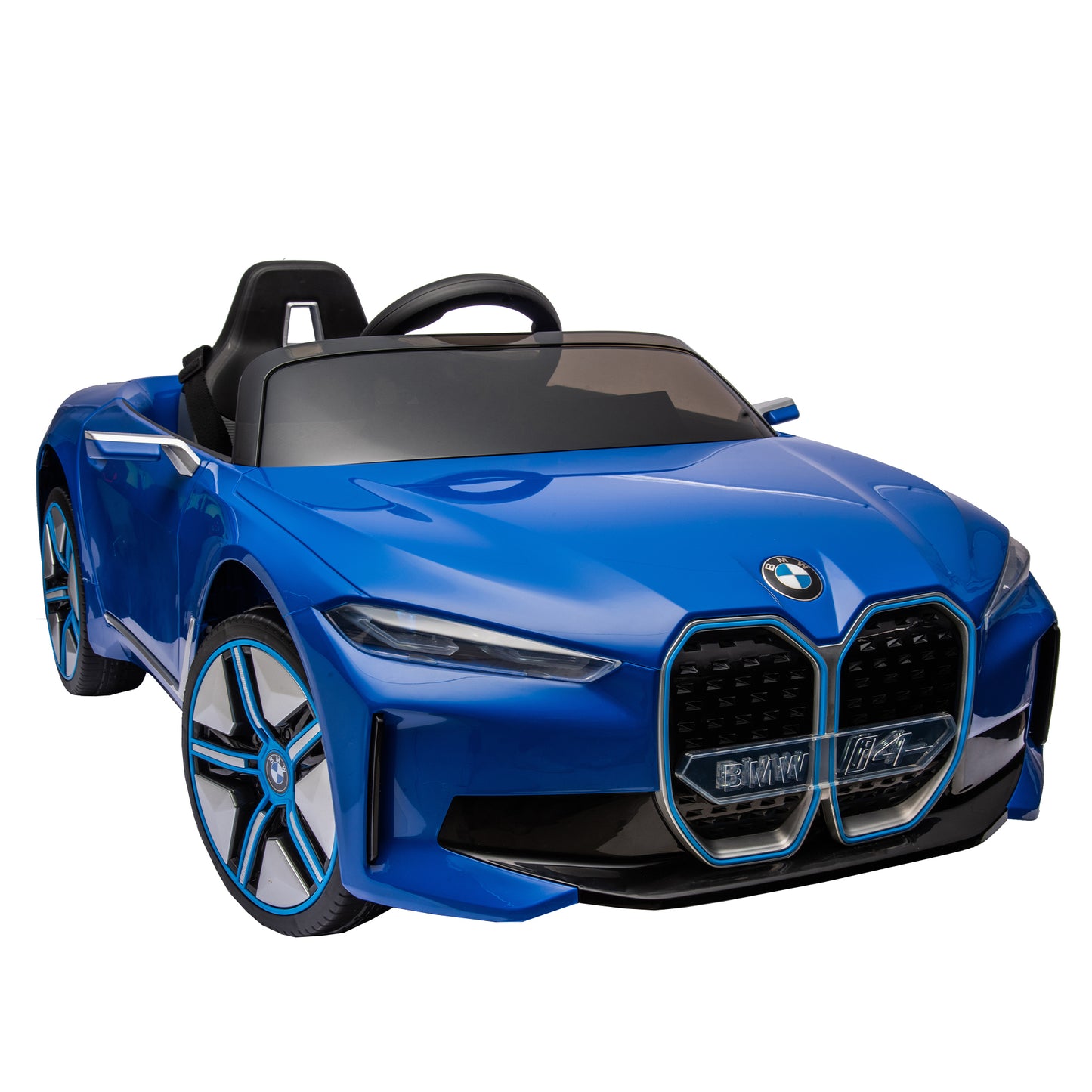 Licensed BMW I4, 12v Kids Ride-On Car with Remote Control - Electric Car for Kids, Three-Speed Adjustable, Power Display, USB, MP3, Bluetooth, LED Light, Two-Point Safety Belt, Story - Black