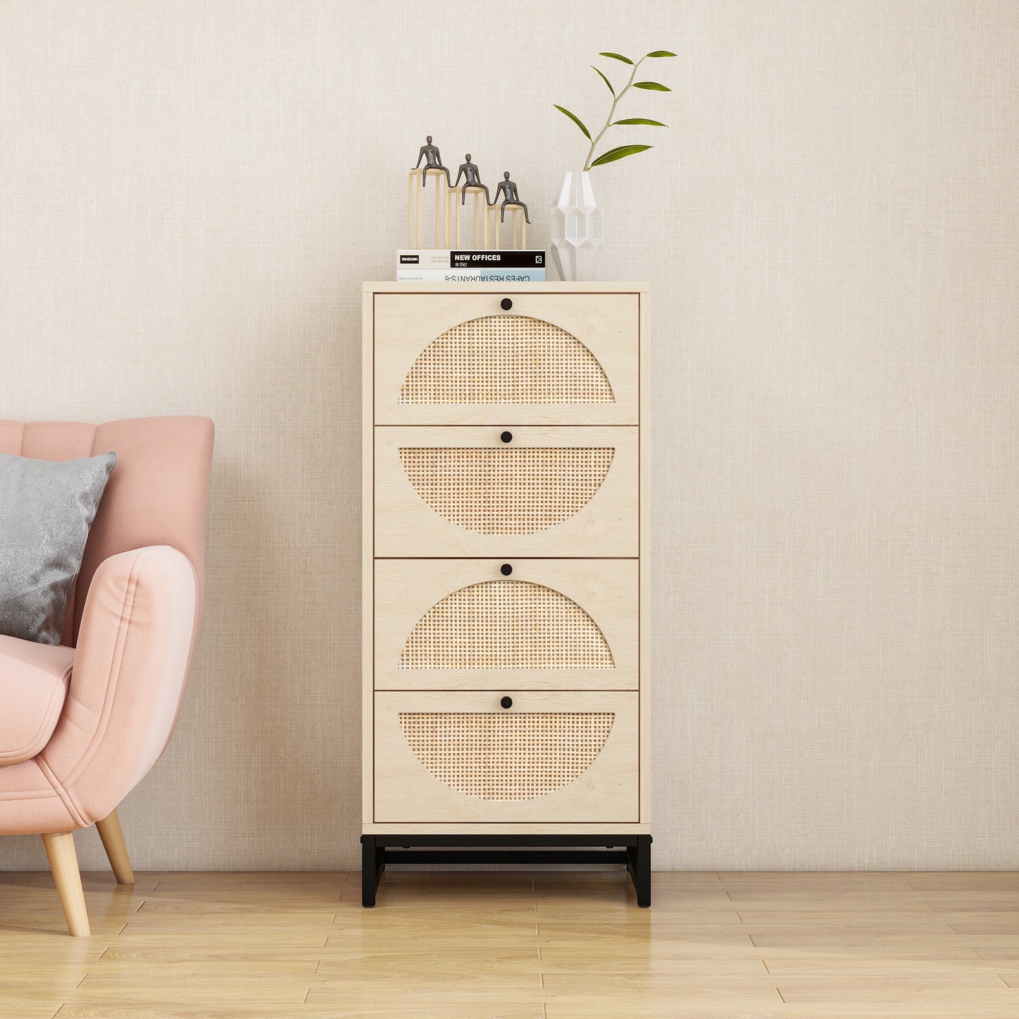 Natural Rattan Cabinet with 4 Drawers for Living Room Bedroom