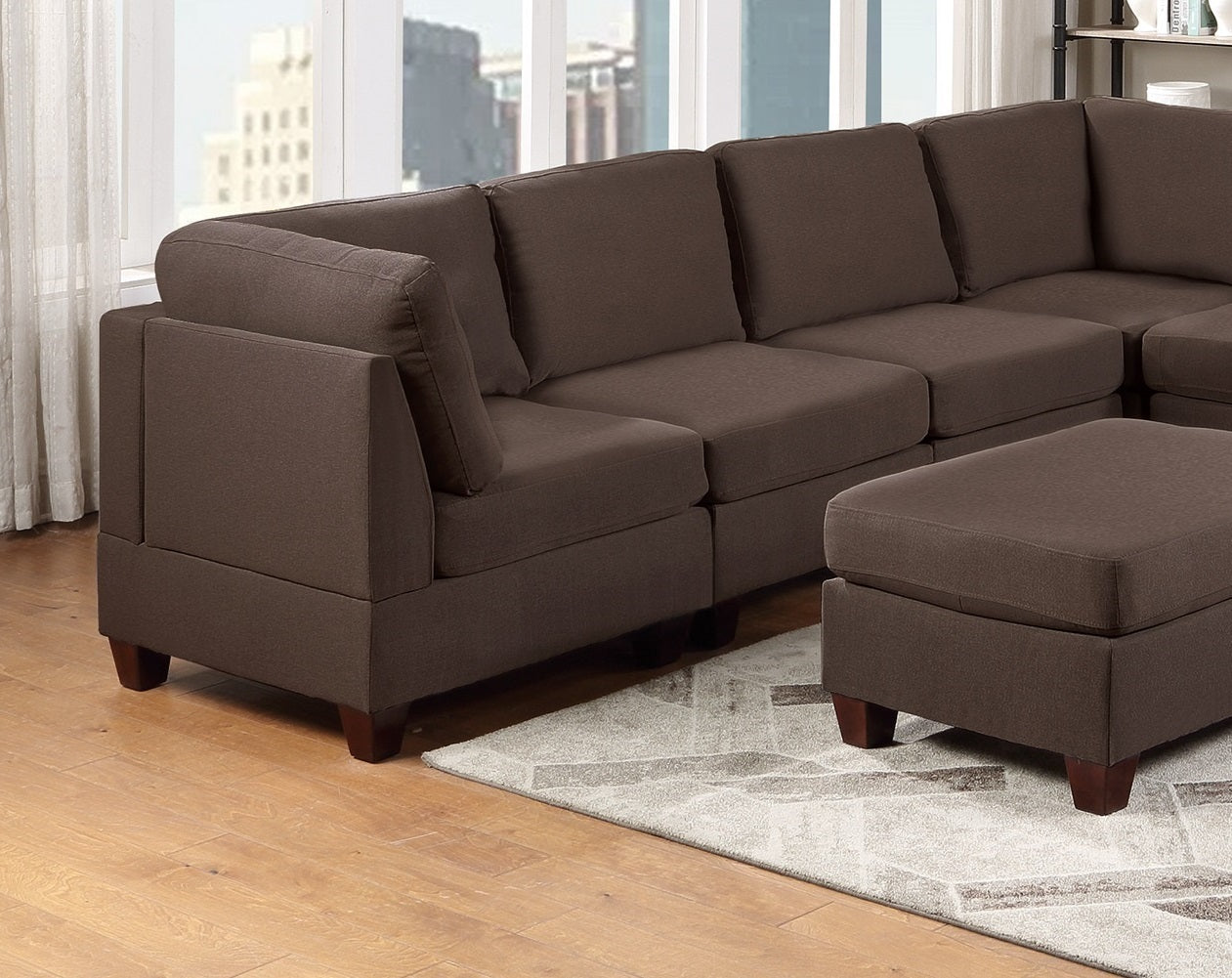 Modular Sectional 9pc Set Living Room Furniture | Corner Sectional Couch | Black Coffee Linen Fabric | 3x Corner Wedge | 4x Armless Chairs | 2x Ottomans