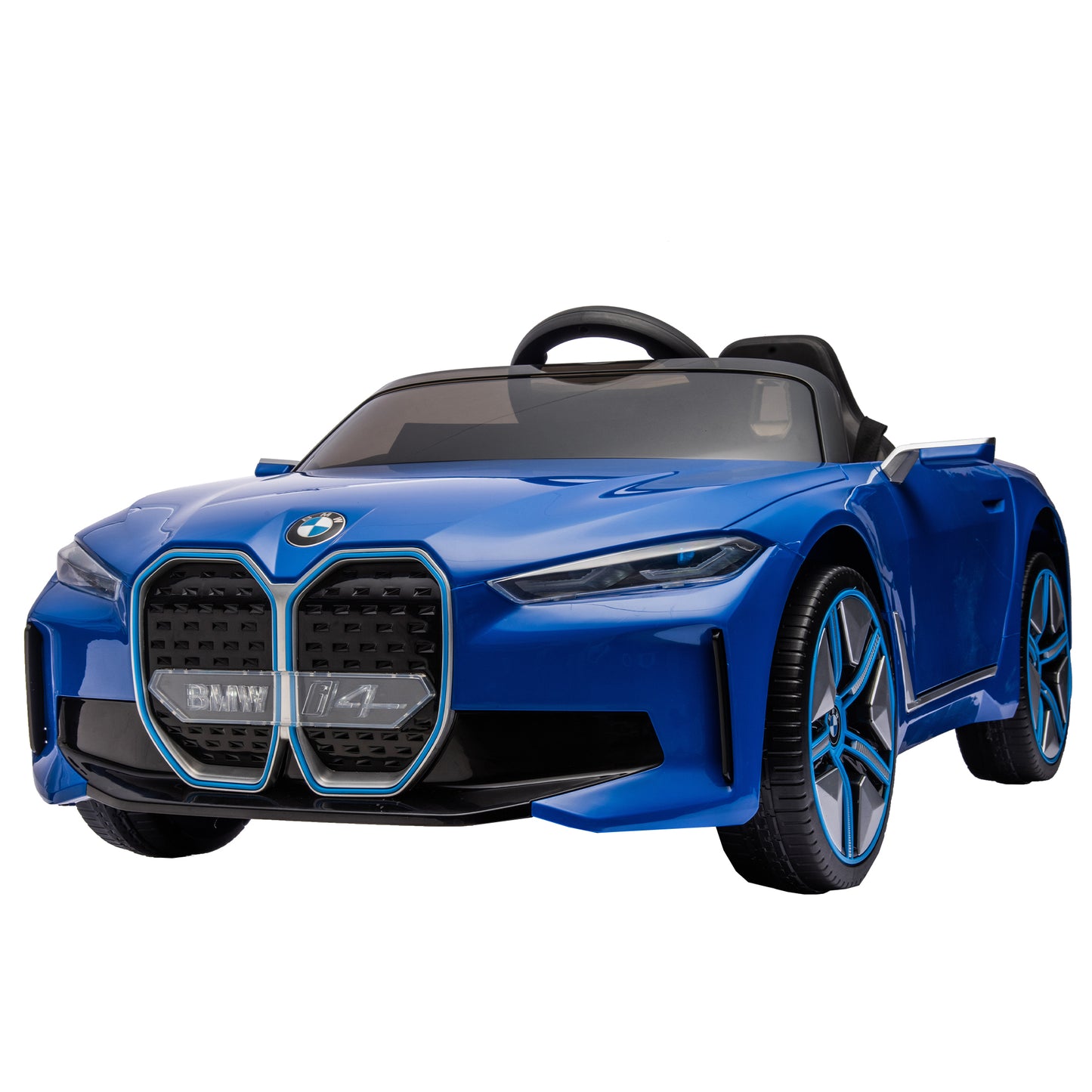 Licensed BMW I4, 12v Kids Ride-On Car with Remote Control - Electric Car for Kids, Three-Speed Adjustable, Power Display, USB, MP3, Bluetooth, LED Light, Two-Point Safety Belt, Story - Black