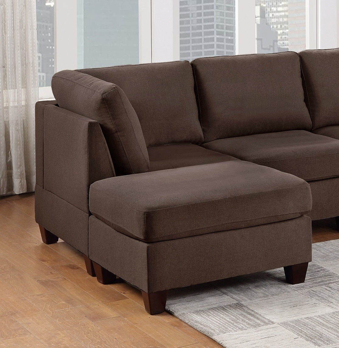 Modular Sectional 6pc Set Living Room Furniture U-Sectional Couch Black Coffee Linen Like Fabric 2x Corner Wedge 2x Armless Chairs & 2x Ottomans