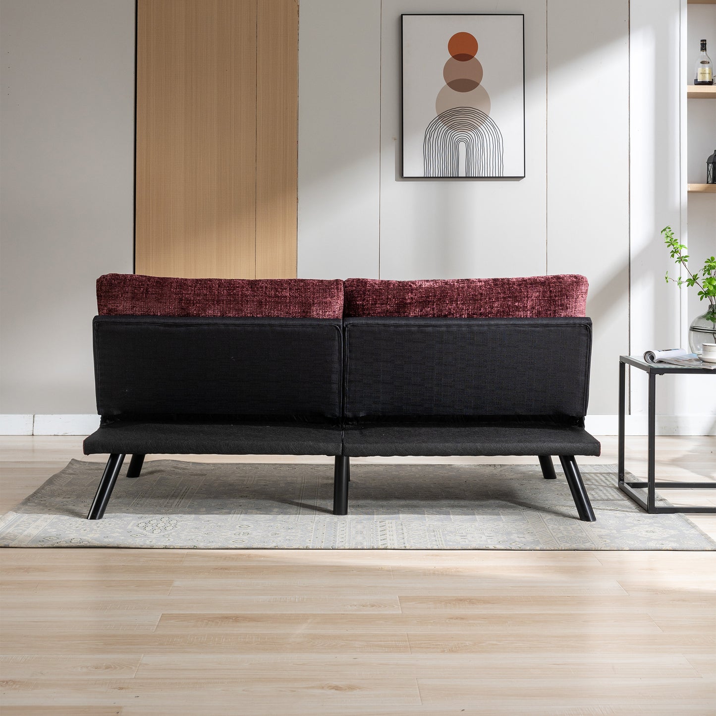 Convertible Sofa Bed Loveseat Futon: Adjustable Lounge Couch, Metal Legs, Chenille Wine Red