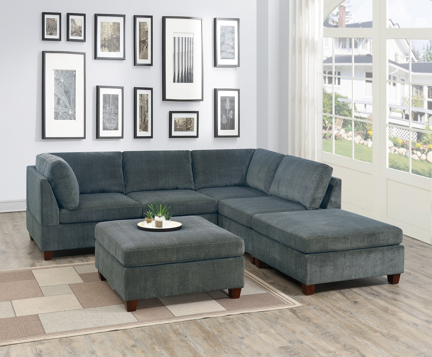 Grey Chenille Modular Sectional 6pc Set Corner L-Sectional Modern Couch 2x Corner Wedge 2x Armless Chairs and 2x Ottomans Plywood