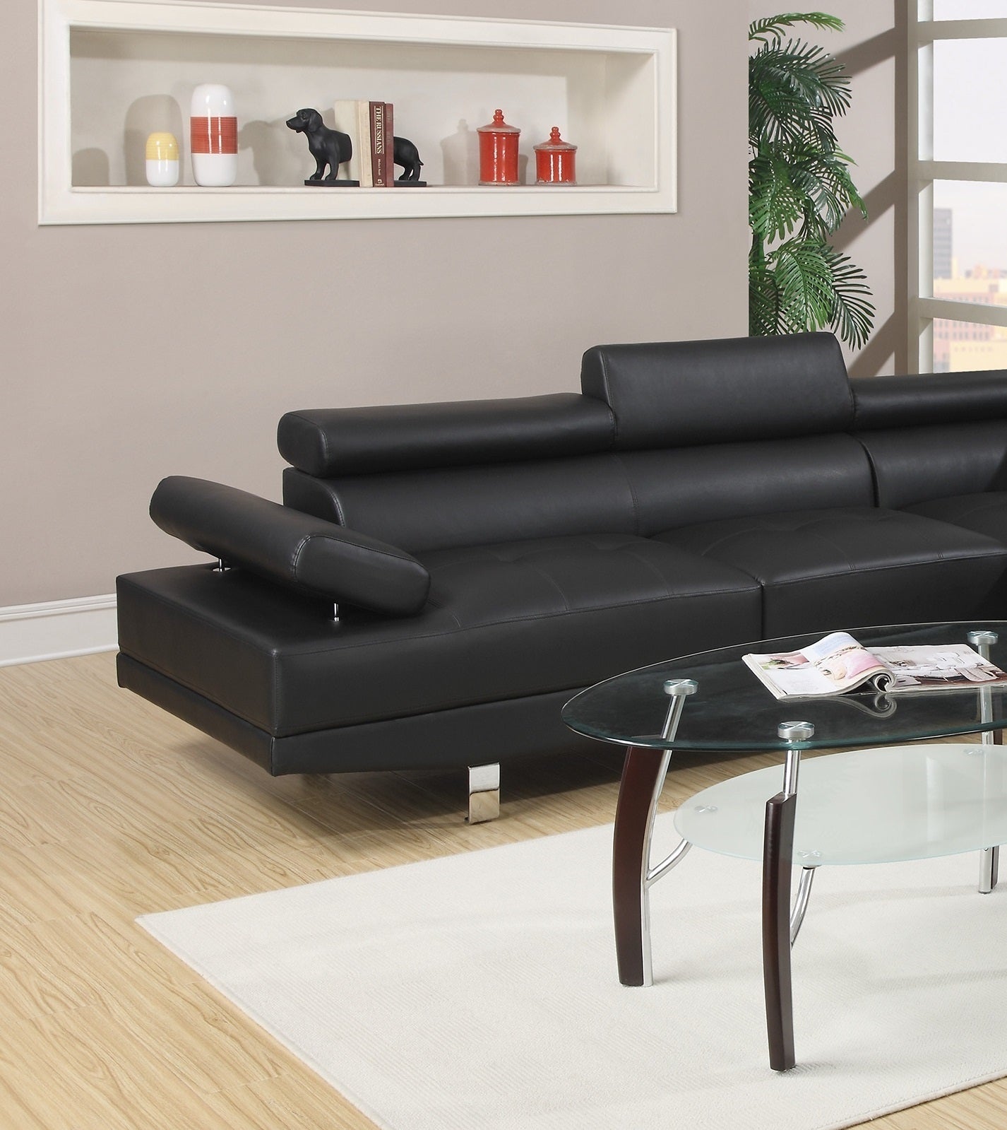 Black Faux Leather Sectional Living Room Furniture with Adjustable Headrest: Right Facing Chaise & Left Facing Sofa