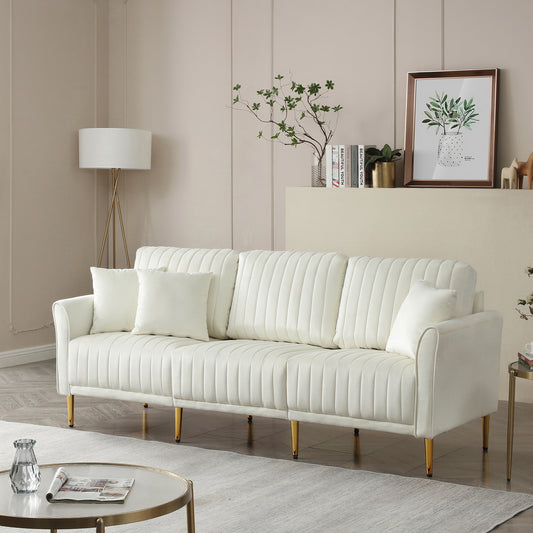 Contemporary Velvet Upholstered 3 Seater Sofa with Deep Channel Tufting and Gold Metal Legs, Cream: Luxurious Cream Velvet Sofa with Deep Tufting and Gold Metal Legs for Elegant Living Spaces