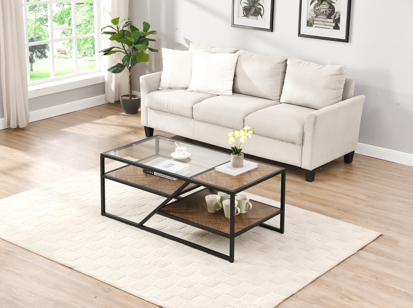 Black Coffee Table with Storage Shelf, Tempered Glass & Metal Frame for Living Room & Bedroom - Stylish, Functional Furniture for Home Décor