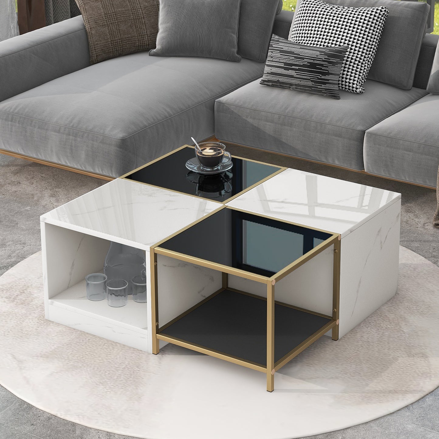 Modern 2-Layer Coffee Table with Metal Frame, High Gloss White Marble Finish | Simply Assemble, Square Corner Tables for Living Room | 31.5”x 31.5”