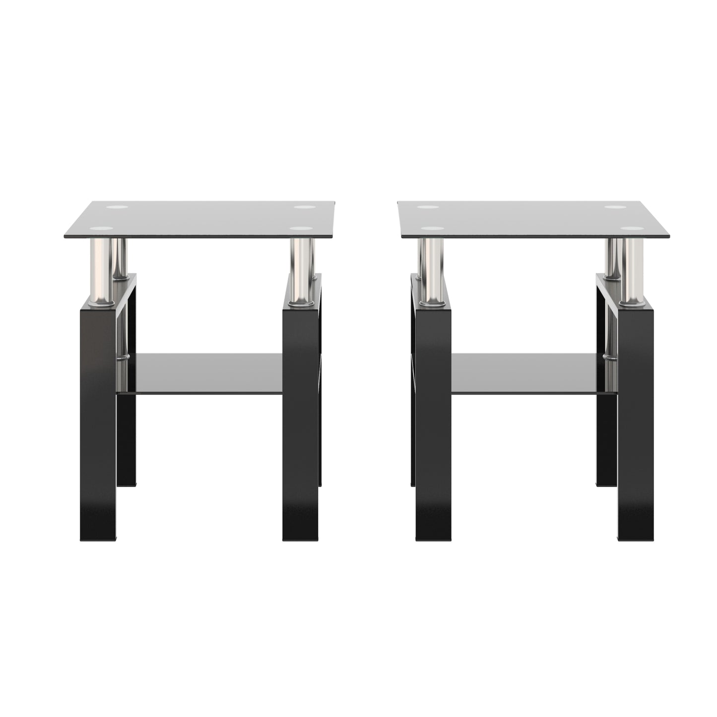 Set of 2 Modern Tempered Glass Tea Table Coffee Table End Table for Living Room, Black, Square