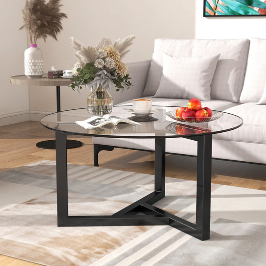 ON-TREND Round Glass Coffee Table, Easy Assembly, Tempered Glass Top, Sturdy Wood Base, Black (Modern Cocktail Table, 220 Letters)