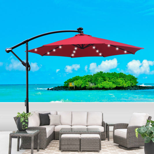 10 ft Outdoor Patio Umbrella with Solar Powered LED Lights, Crank, Cross Base - 8 Ribs for Garden, Deck, Swimming Pool - Various Colors and Sizes Available