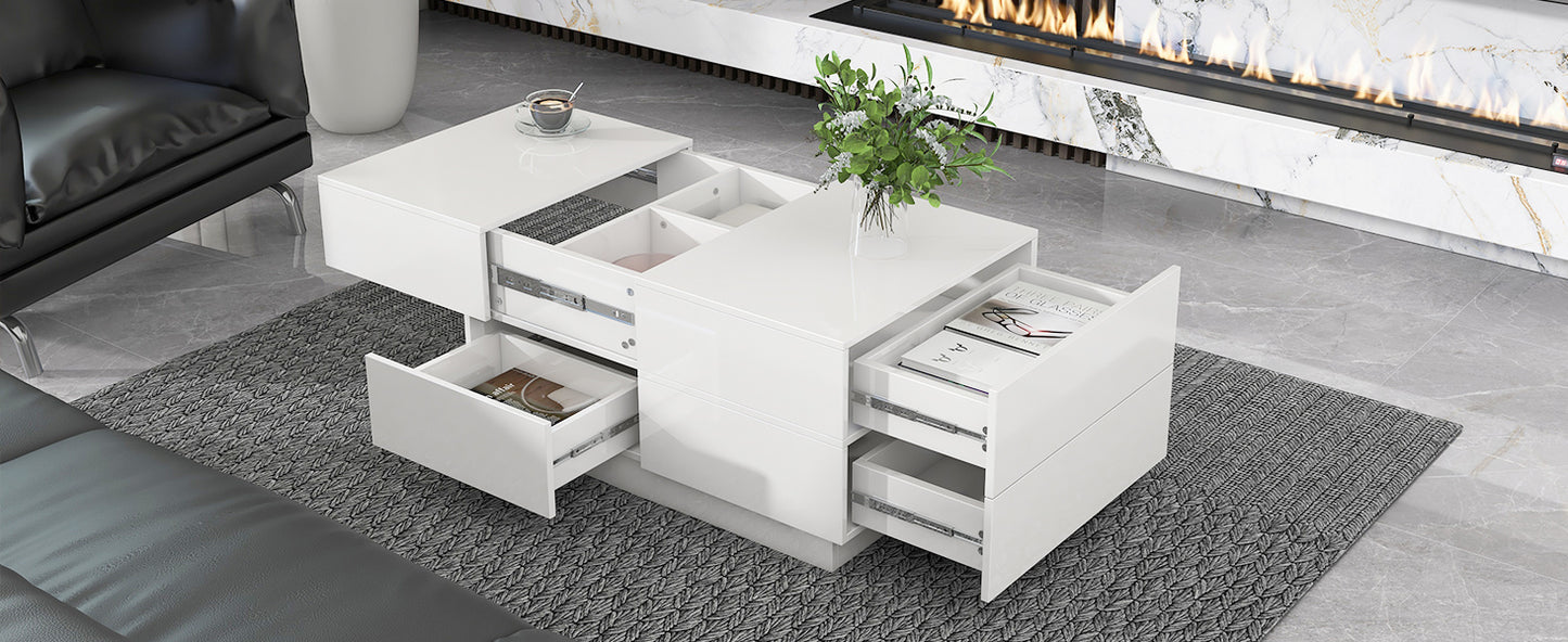 ON-TREND Extendable Coffee Table with 4 Drawers, Hidden Storage, UV High-gloss, Sliding Top - White, 35.4"x 23.6"