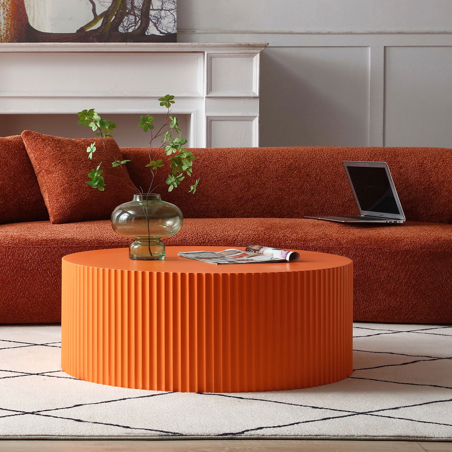 Stylish Round MDF Coffee Table with Handcraft Relief Design - Bright Orange φ35.43inch