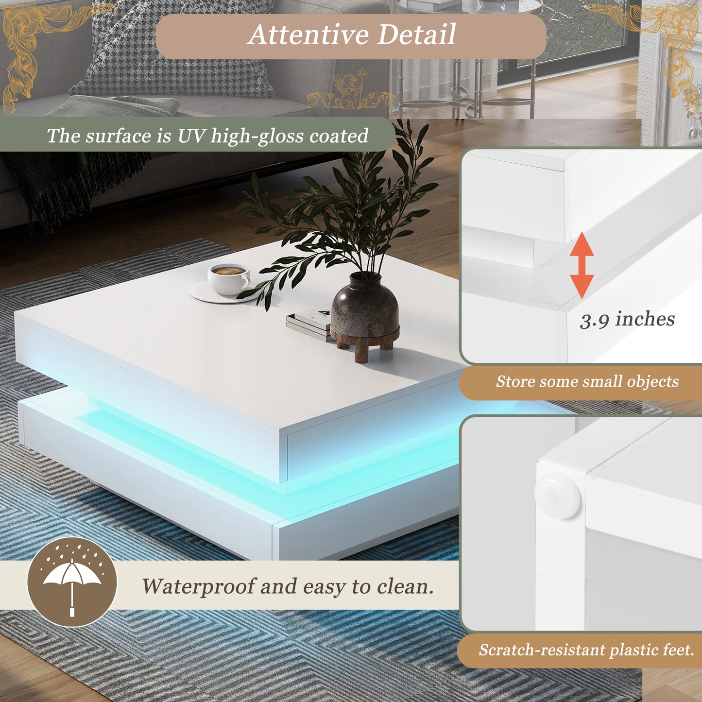 ON-TREND High Gloss 2-Tier Square Coffee Table with 16-color LED Lights, for Living Room, 31.5”x31.5”x14.2”, White