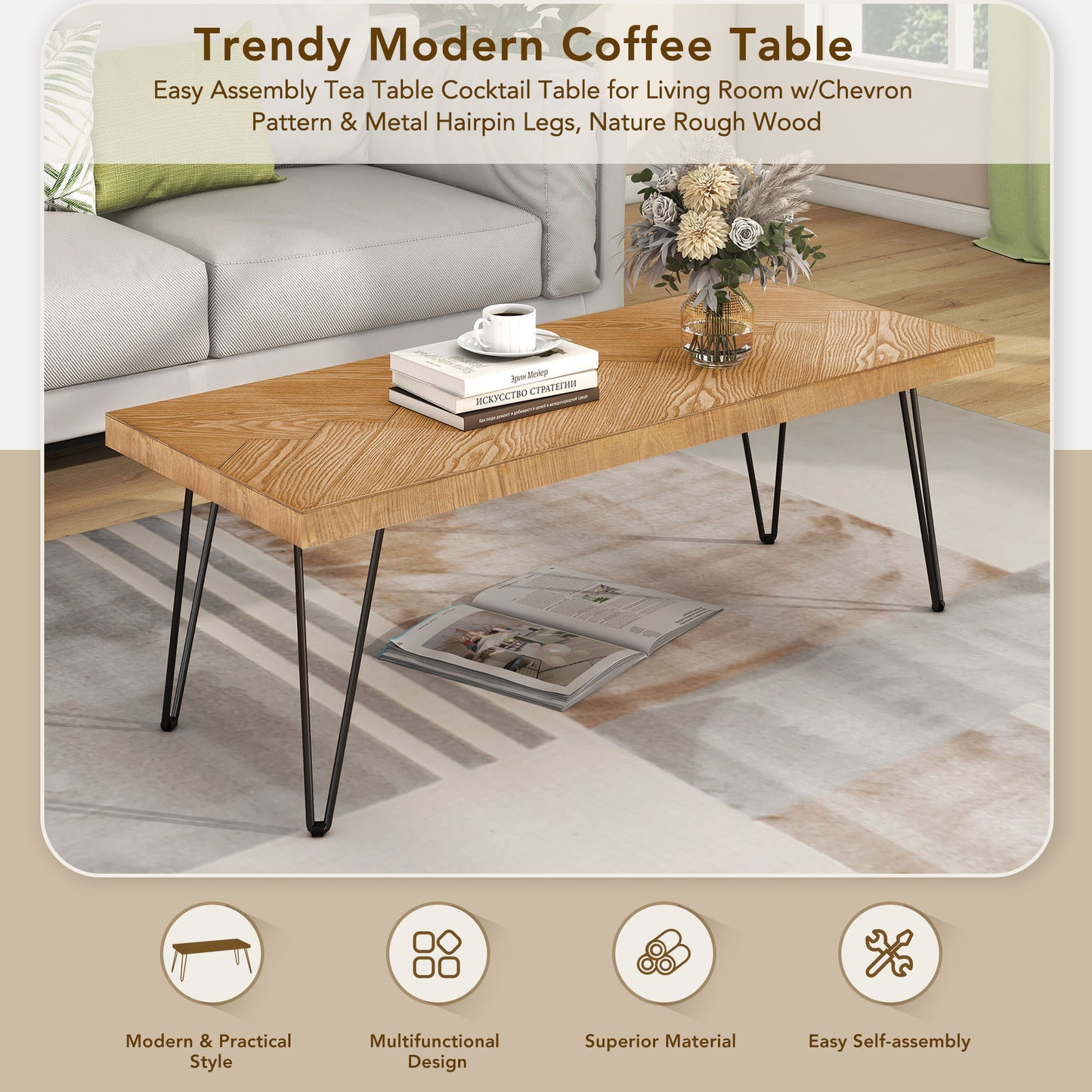 ON-TREND Modern Coffee Table, Easy Assembly Tea Table, Chevron Pattern, Metal Hairpin Legs, Ash Wood Finish