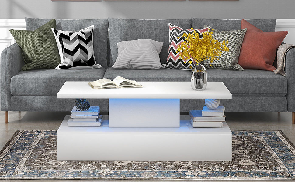 ON-TREND Coffee Table Cocktail Table with LED Lighting, Modern Industrial Design, 16 Colors, Remote Control, White