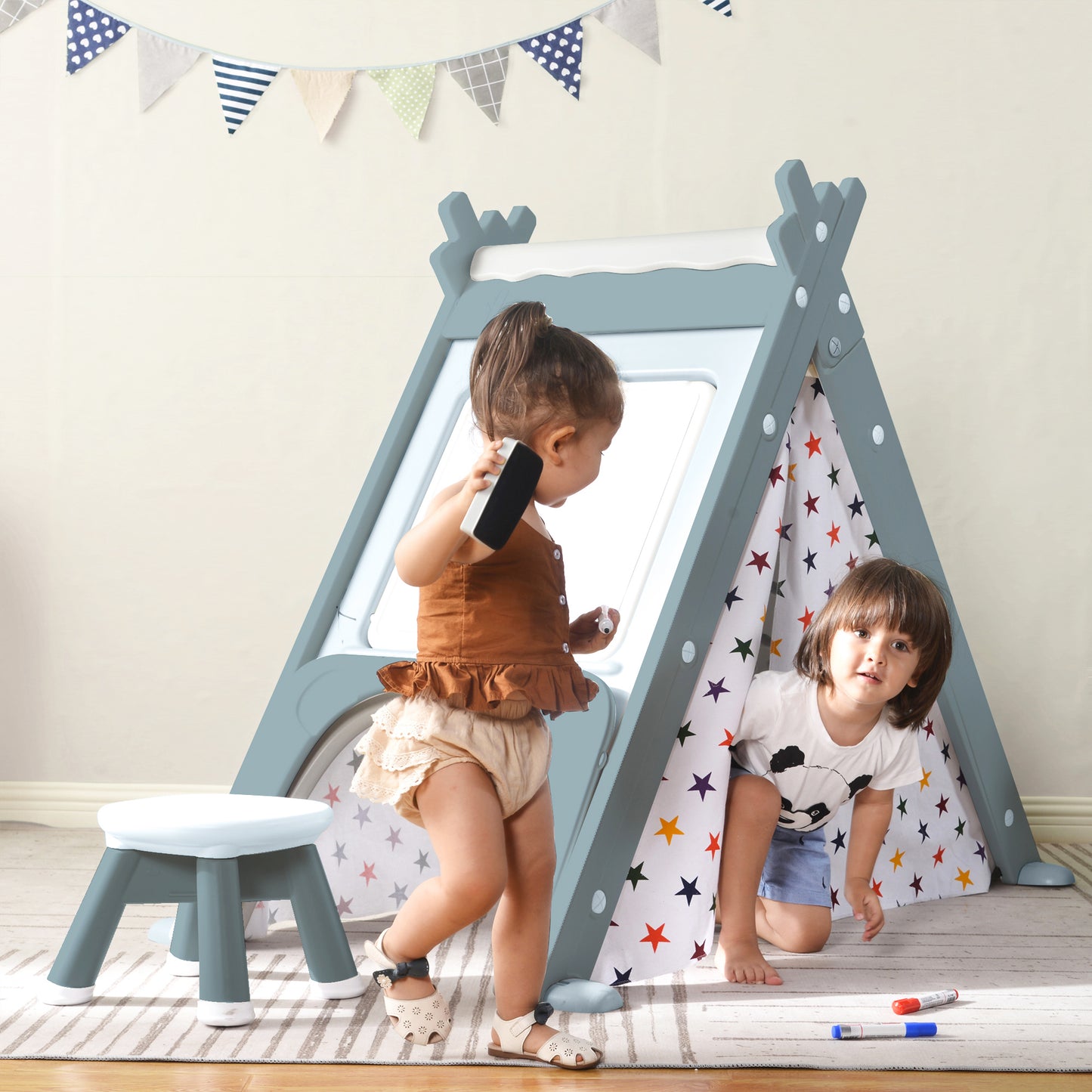 Kids Play Tent - 4-in-1 Teepee Tent with Stool and Climber, Foldable Playhouse Tent for Boys & Girls - Multi-Functional, Portable, and Durable - Enhance Imaginative Play - Suitable for Indoor and Outdoor Use - Available in Various Colors and Sizes