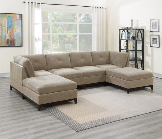 Camel Chenille Fabric Modular Sectional 6pc Set: U-Sectional Couch, Tufted Back, Exposed Wooden Base - Corner Wedge, Armless Chairs, Ottomans (Size/Color)