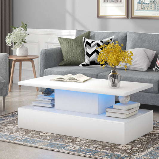 ON-TREND Coffee Table Cocktail Table with LED Lighting, Modern Industrial Design, 16 Colors, Remote Control, White