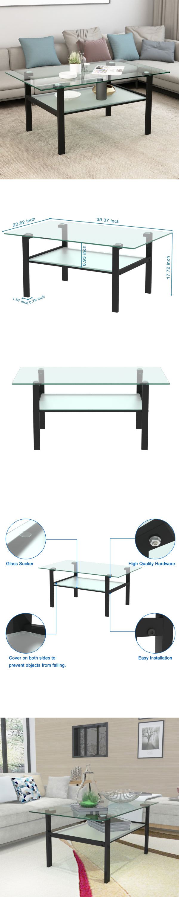 Transparent Glass Black Coffee Table - Modern Simple Living Room Side Center Table - Sleek Design, Versatile Size