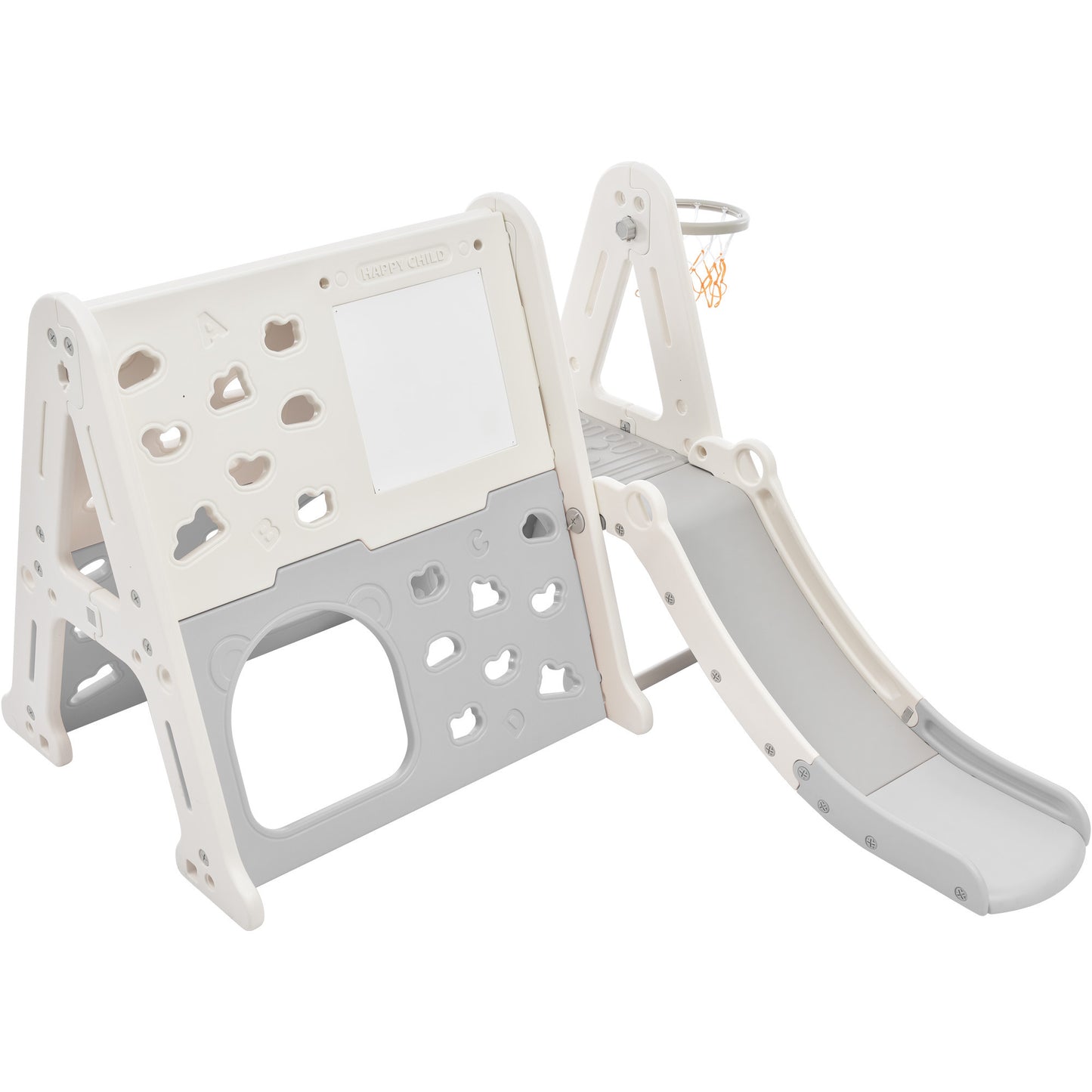 7-in-1 Toddler Climber and Slide Set - Kids Playground Climber Slide Playset with Tunnel, Whiteboard, Building Block Baseplates, and Basketball Hoop Combination - White, Compact Size