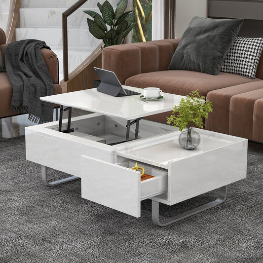 ON-TREND Multi-functional Coffee Table with Lifted Tabletop, Metal Frame Legs, High-gloss Surface, White