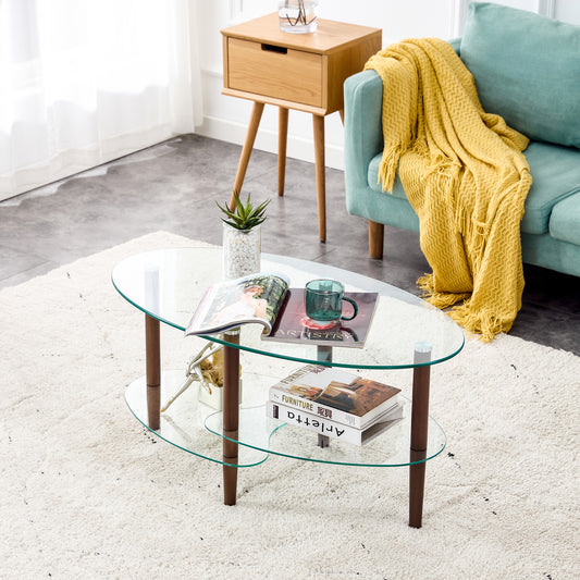 Transparent Oval Glass Coffee Table: Modern Living Room Table with Oak Wood Legs and 3-Layer Glass - Available in Various Sizes