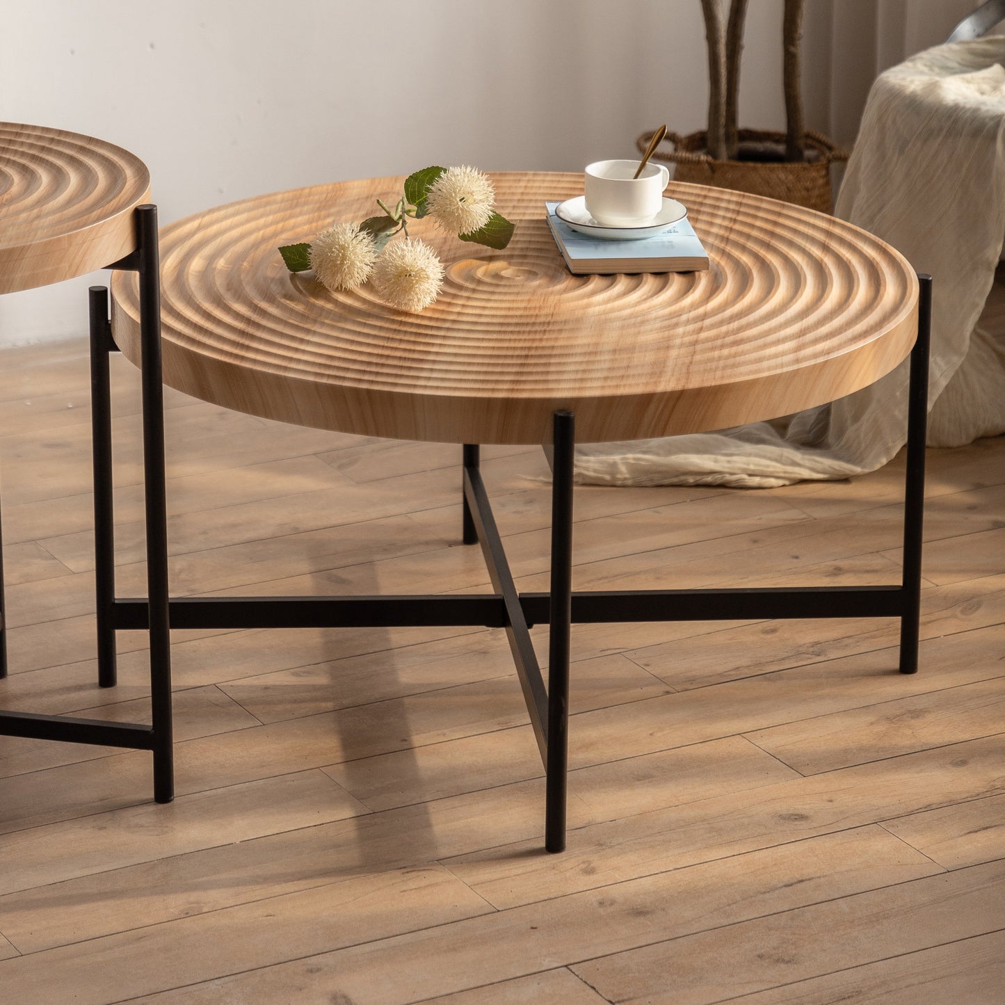 33" Modern Thread Design Round Coffee Table - MDF Table Top, Cross Legs Metal Base - Stylish, Contemporary Furniture - Available in Multiple Colors and Sizes