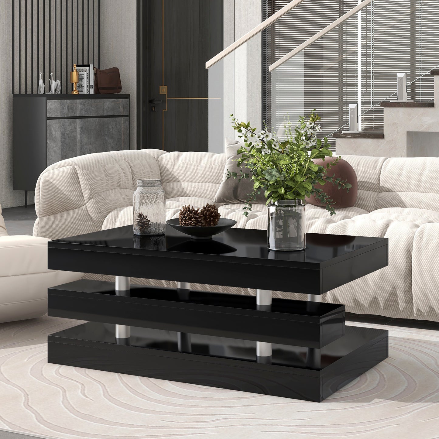 ON-TREND 2-Tier Coffee Table, Silver Metal Legs, High-gloss UV Surface, Minimalist Design, Living Room Center Table, Black Rectangle Cocktail Table