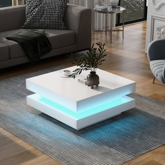 ON-TREND High Gloss 2-Tier Square Coffee Table with 16-color LED Lights, for Living Room, 31.5”x31.5”x14.2”, White