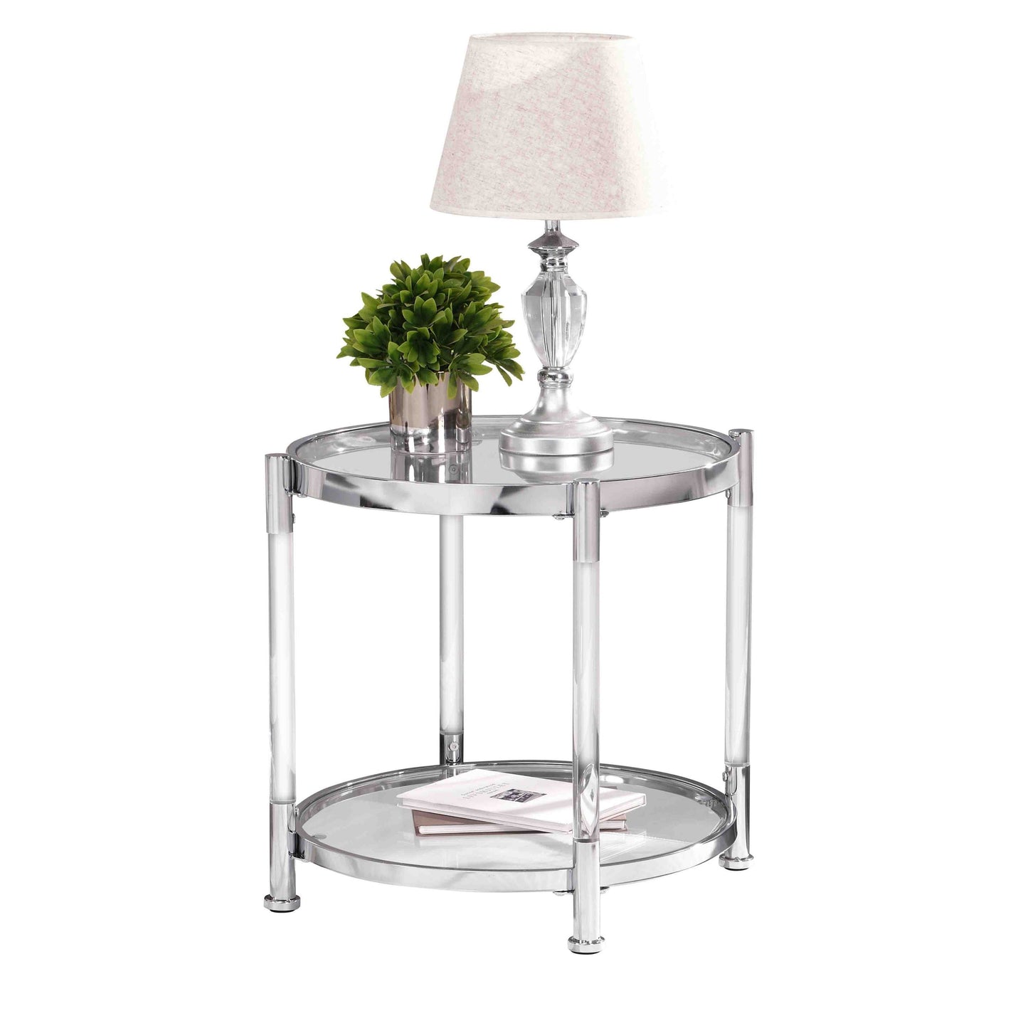 Contemporary Acrylic End Table with Tempered Glass Top, Chrome/Silver for Living Room & Bedroom