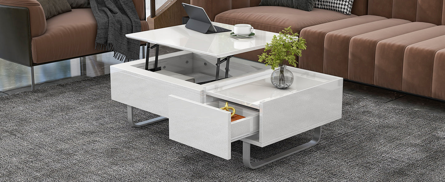 ON-TREND Multi-functional Coffee Table with Lifted Tabletop, Metal Frame Legs, High-gloss Surface, White