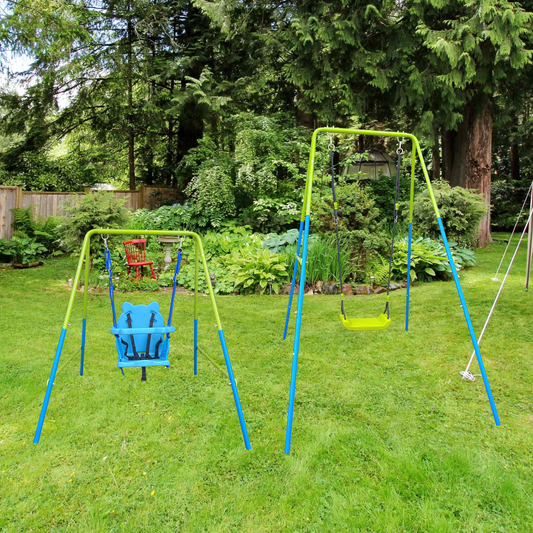 2 in 1 Baby Swing Set: Green and Blue, Mental Plastic, Safe, 110lbs Capacity, Outdoor Playground, Age 3+