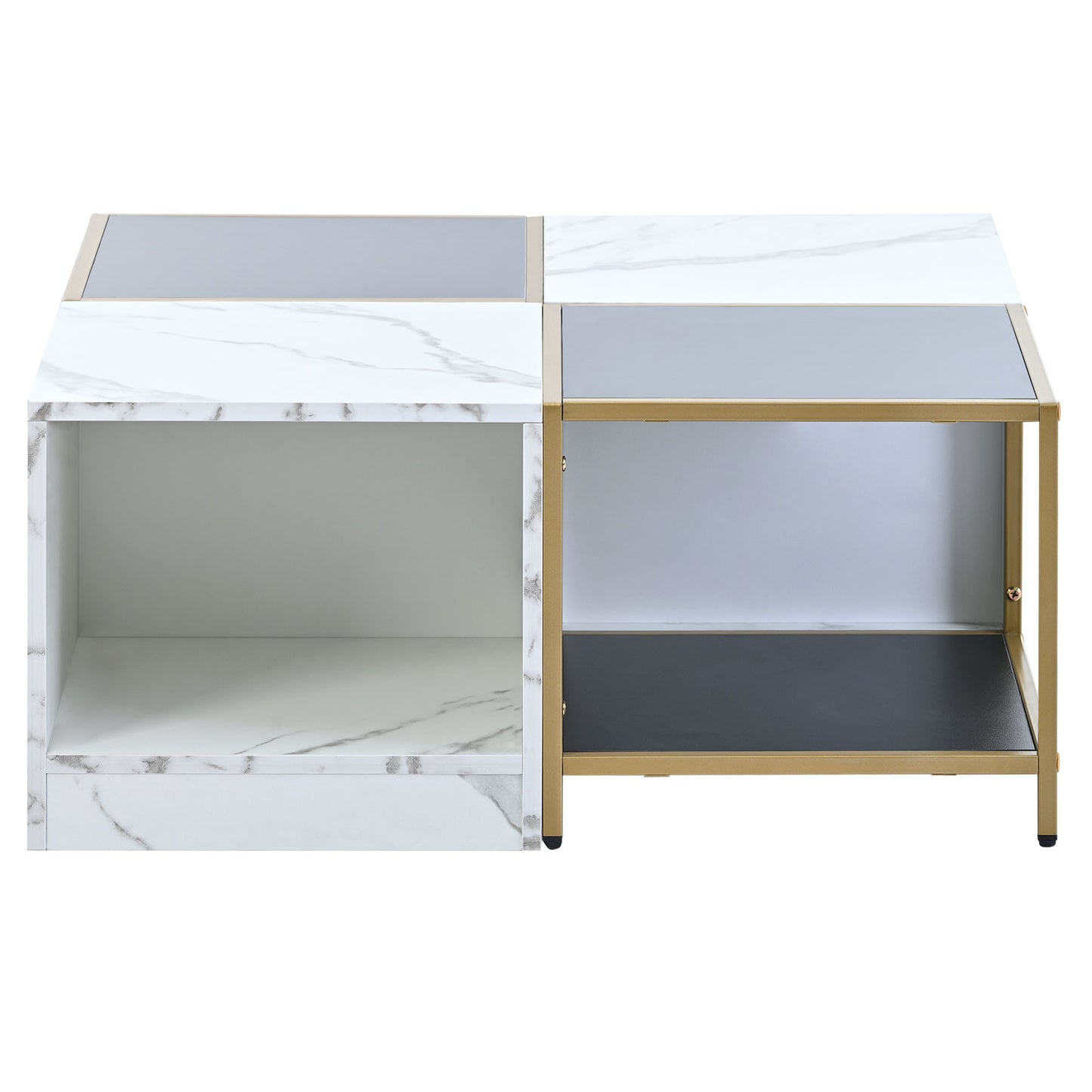 Modern 2-Layer Coffee Table with Metal Frame, High Gloss White Marble Finish | Simply Assemble, Square Corner Tables for Living Room | 31.5”x 31.5”