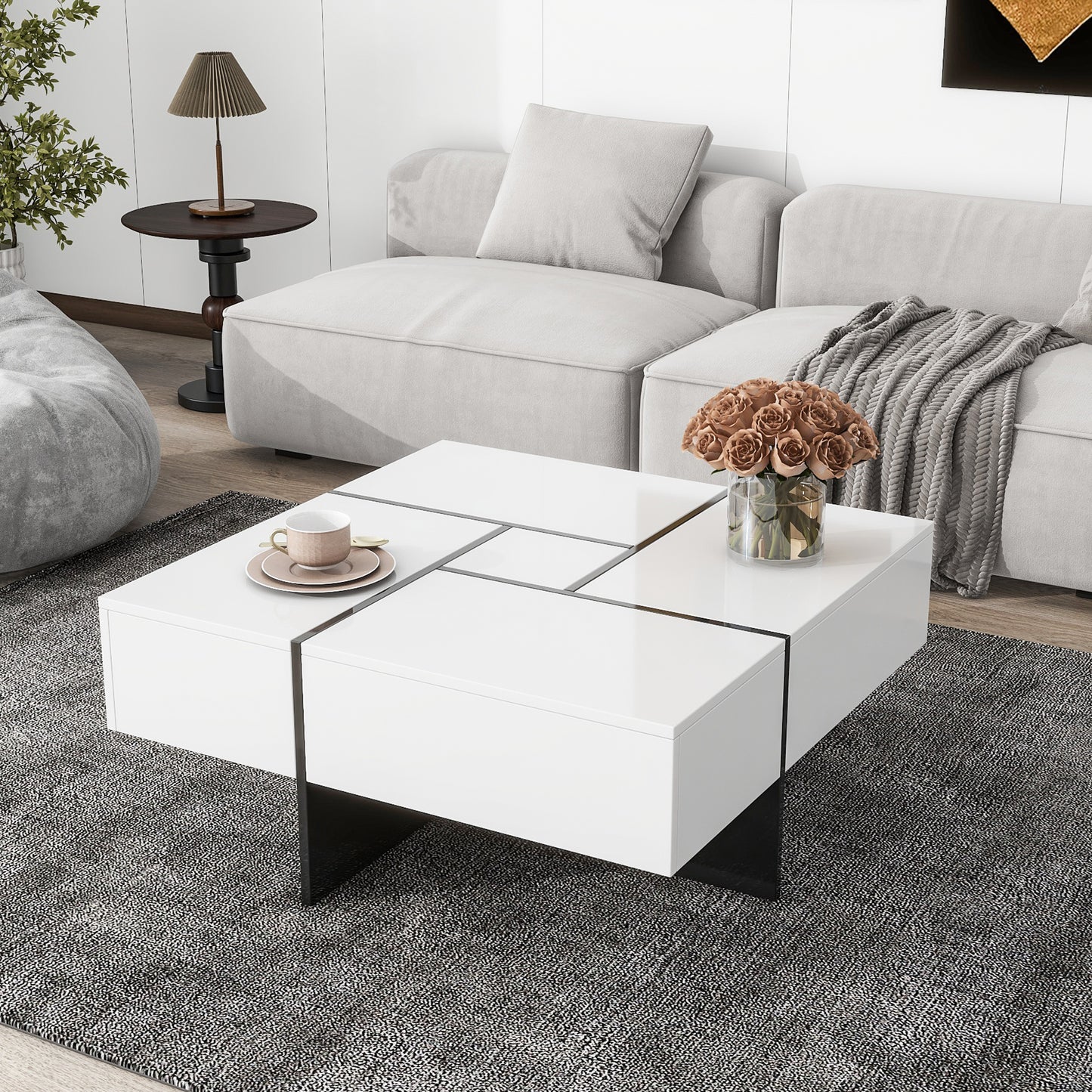 ON-TREND Coffee Table with 4 Hidden Storage Compartments, Extendable Sliding Tabletop, UV High-gloss Design for Living Room, 31.5"x 31.5"