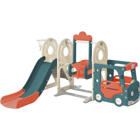 Kids Swing-N-Slide Bus Play Structure: Freestanding Toy with Slide, Swing, Basketball Hoop - Perfect for Toddlers - Fun and Safe Playset