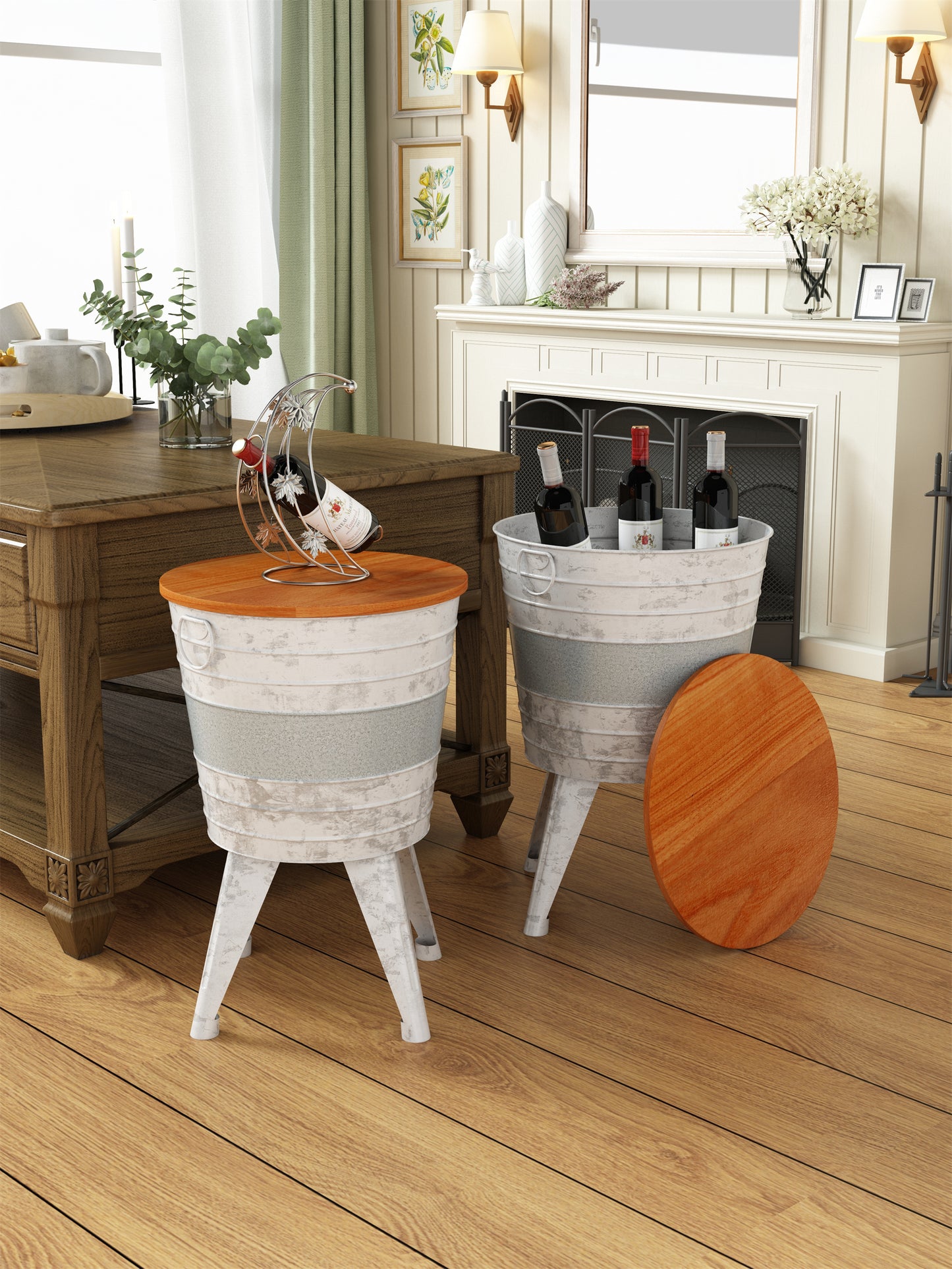 Farmhouse Rustic Distressed Metal Accent Cocktail Table with Wood Top - Set of 2: White, Wood-Top, Distressed, Metal Accents