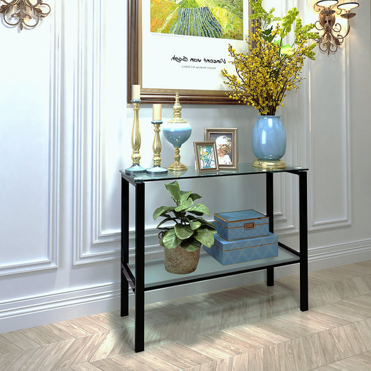 Console Table: Double Layer Tempered Glass Rectangular Porch Table - Black Leg, Double Layer Glass Tea Table