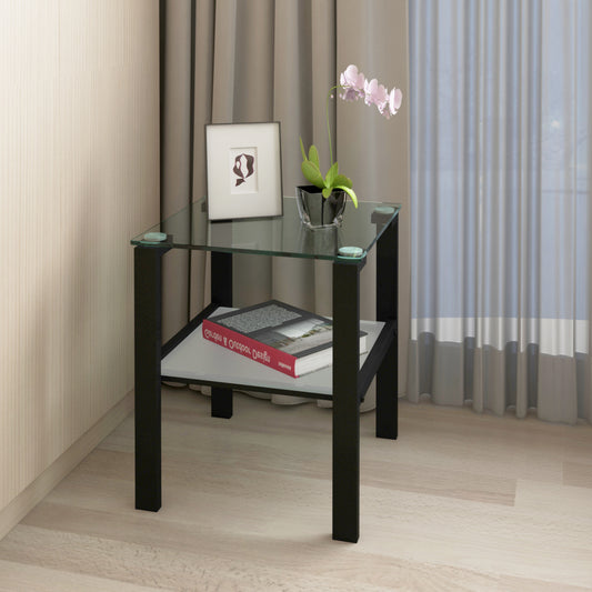 Glass 2-Layer Tea Table: Small Round Table for Bedroom & Living Room - Black Side Table