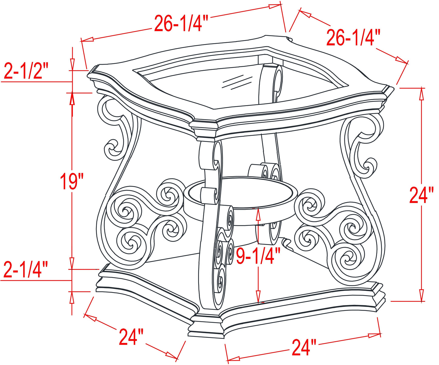 Glass Top End Table with MDF Marble Shelf & Metal Legs - Powder Coat Finish | 26.3"Lx26.3"Wx24"H